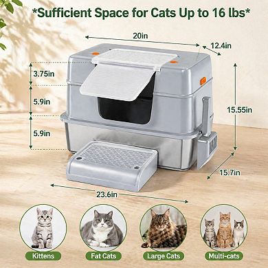 Nicate Stainless Steel XL Litter Box Enclosed 3 Modes Removable Pan Scoop Accessories