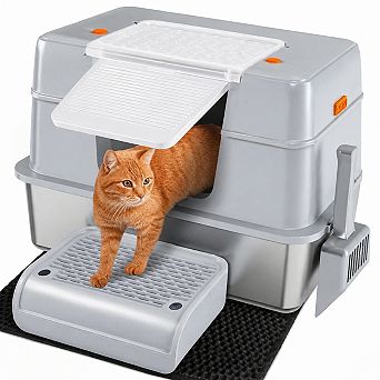 Nicate Stainless Steel XL Litter Box Enclosed 3 Modes Removable Pan Scoop Accessories