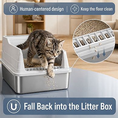 Nicate Stainless Steel Cat Litter Box Open Top High Sides Odor Resistant Easy Clean with Scoop