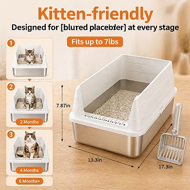 Nicate Stainless Steel Cat Litter Box Open Top High Sides Odor Resistant Easy Clean with Scoop