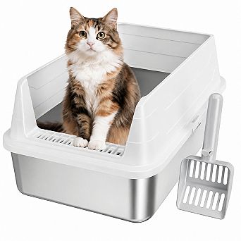 Nicate Stainless Steel Cat Litter Box Open Top High Sides Odor Resistant Easy Clean with Scoop
