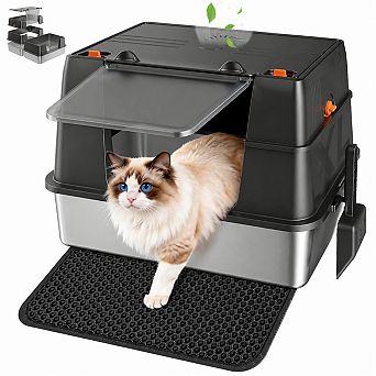 Nicate Stainless Litter Box Enclosed Side/Top Entry, Odor Control, Easy Clean + Mat