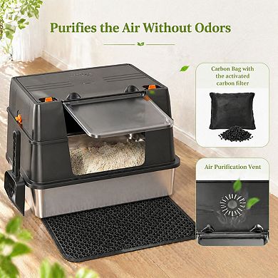 Nicate Stainless Litter Box Enclosed Side/Top Entry, Odor Control, Easy Clean + Mat