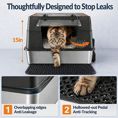 Nicate Stainless Litter Box Enclosed Side/Top Entry, Odor Control, Easy Clean + Mat