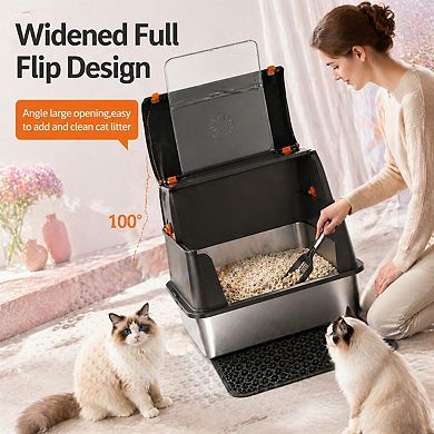 Nicate Stainless Litter Box Enclosed Side/Top Entry, Odor Control, Easy Clean + Mat