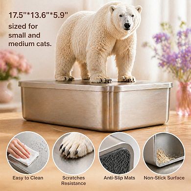 Nicate Stainless Litter Box High Sides, Odor-Free, Non-Stick, Easy Clean, Non-Slip Pads