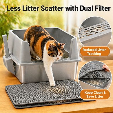 Nicate Stainless Steel XL Litter Box with Lid Anti-Leak No Odor Includes Scooper Mat