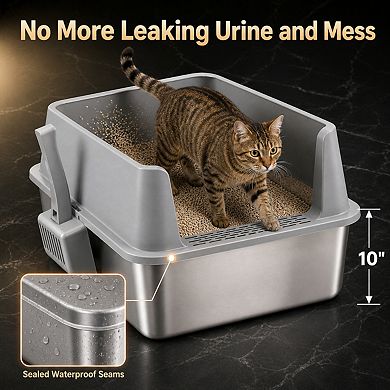 Nicate Stainless Steel XL Litter Box with Lid Anti-Leak No Odor Includes Scooper Mat