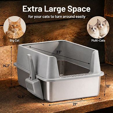 Nicate Stainless Steel XL Litter Box with Lid Anti-Leak No Odor Includes Scooper Mat