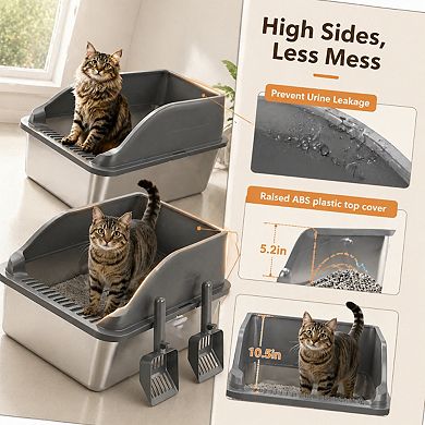 Nicate 2pk Stainless Cat Litter Box High Sides, Lid, Odor Free, Scoop, Anti-Leak