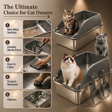 Nicate 2pk Stainless Cat Litter Box High Sides, Lid, Odor Free, Scoop, Anti-Leak