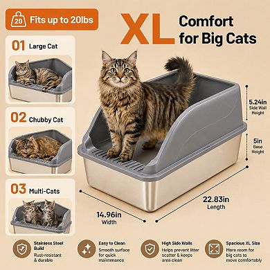 Nicate 2pk Stainless Cat Litter Box High Sides, Lid, Odor Free, Scoop, Anti-Leak