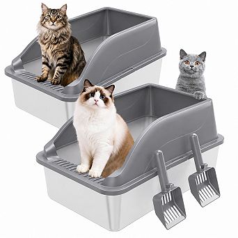 Nicate 2 pk Stainless Cat Litter Box High Sides, Lid, Odor Free, Scoop, Anti-Leak