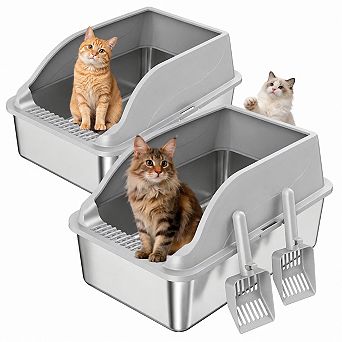 Nicate 2 pk Stainless Cat Litter Box High Sides, Lid, Odor Free, Scoop, Anti-Leak