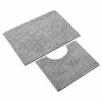 2 pc Chenille Bath Mat Set Super Absorbent Non Slip Thick Plush Washable Bathroom Rugs