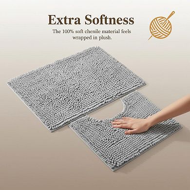 2 Piece Chenille Bath Mat Set Super Absorbent Non Slip Thick Plush Washable Bathroom Rugs