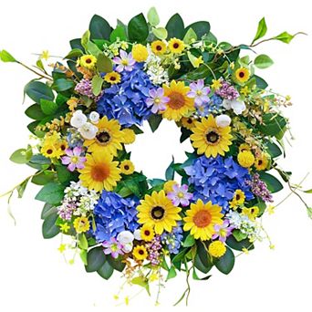 Spring Wreath with Sunflowers Blue Hydrangea for Front Door