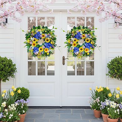 Spring Wreath with Sunflowers Blue Hydrangea for Front Door