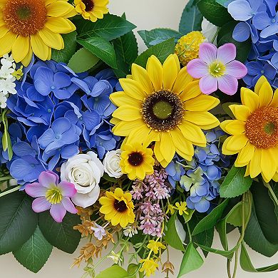 Spring Wreath with Sunflowers Blue Hydrangea for Front Door