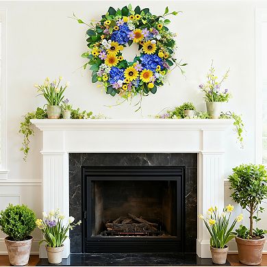 Spring Wreath with Sunflowers Blue Hydrangea for Front Door