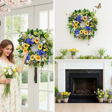 Spring Wreath with Sunflowers Blue Hydrangea for Front Door