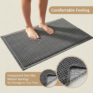 Upgraded Waffle Bath Mat: Super Absorbent Non Slip Soft Washable Rug Tassels Rubber Backed