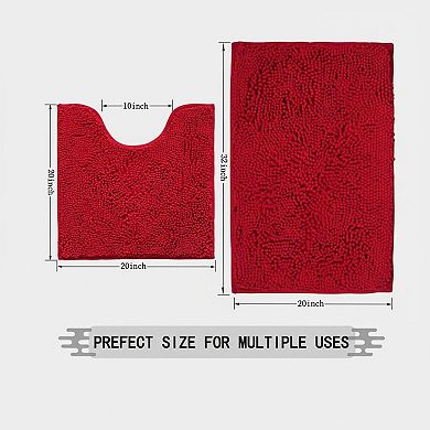 2-Piece Bathroom Rugs Set: Super Absorbent Soft Chenille Non-Slip Machine Washable Bath/Toilet Mat