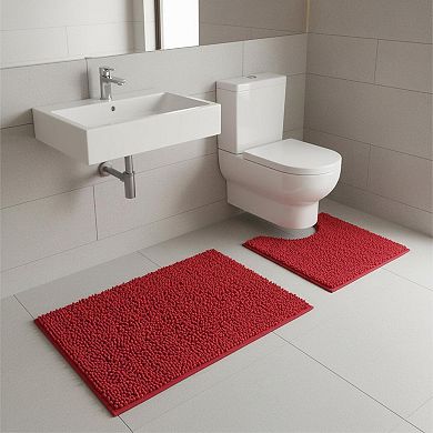 2-Piece Bathroom Rugs Set: Super Absorbent Soft Chenille Non-Slip Machine Washable Bath/Toilet Mat