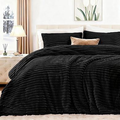 Fluffy Comforter Set Queen Size - Super Soft Faux Fur Stripe Jacquard Comforter 3 Pieces