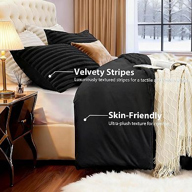 Fluffy Comforter Set Queen Size - Super Soft Faux Fur Stripe Jacquard Comforter 3 Pieces