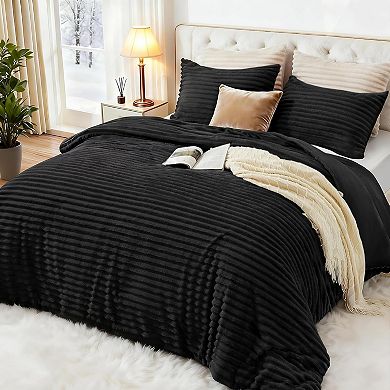 Fluffy Comforter Set Queen Size - Super Soft Faux Fur Stripe Jacquard Comforter 3 Pieces