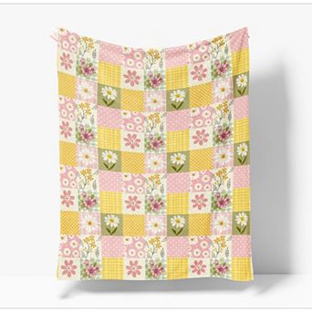 Spring Summer Flannel Blanket Throw, Buffalo Plaid Patch-Style Polka Dot Dasiy Soft Fuzzy Plush Cozy