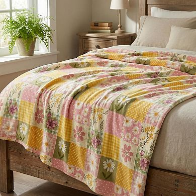 Spring Summer Flannel Blanket Throw, Buffalo Plaid Patch-Style Polka Dot Dasiy Soft Fuzzy Plush Cozy