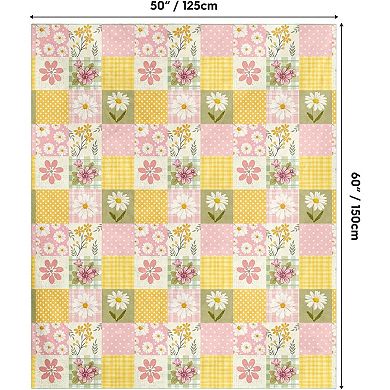 Spring Summer Flannel Blanket Throw, Buffalo Plaid Patch-Style Polka Dot Dasiy Soft Fuzzy Plush Cozy