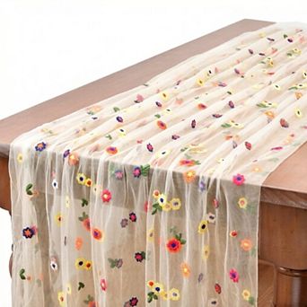 Embroidery Daisy Spring Summer Table Runner 10ft Florals Seasonal Easter Tulle Table Runner Holiday