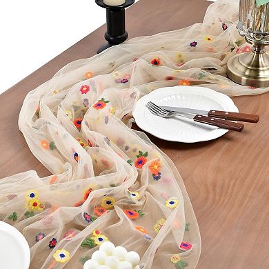 Embroidery Daisy Spring Summer Table Runner 10ft Florals Seasonal Easter Tulle Table Runner Holiday