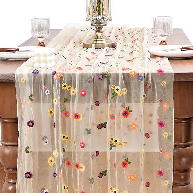 Embroidery Daisy Spring Summer Table Runner 10ft Florals Seasonal Easter Tulle Table Runner Holiday
