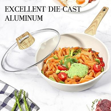 Nonstick Deep Frying Pan with Lid, 9.5" Granite Induction Safe Skillet