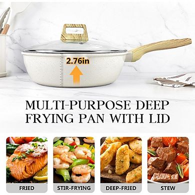Nonstick Deep Frying Pan with Lid, 9.5" Granite Induction Safe Skillet