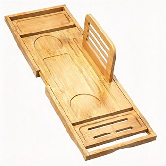 Extendable Bamboo Bathtub Tray: Fits Most Bathtubs—A Sturdy and Reliable Storage Rack.