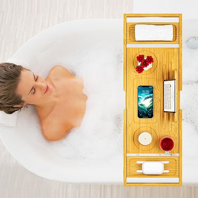 Extendable Bamboo Bathtub Tray: Fits Most Bathtubs—A Sturdy and Reliable Storage Rack.