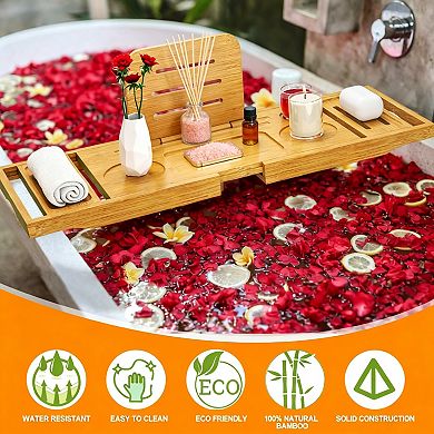 Extendable Bamboo Bathtub Tray: Fits Most Bathtubs—A Sturdy and Reliable Storage Rack.