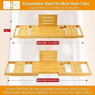Extendable Bamboo Bathtub Tray: Fits Most Bathtubs—A Sturdy and Reliable Storage Rack.