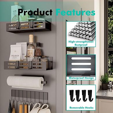 Magnetic Spice Rack with Hooks & Paper Towel Holder, Fridge Kitchen Organizer (Black)