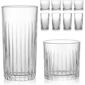 Highball & Cocktail Glass Set, Ribbed Thick Glasses for Water & Beverages