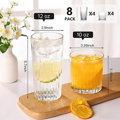 Highball & Cocktail Glass Set, Ribbed Thick Glasses for Water & Beverages