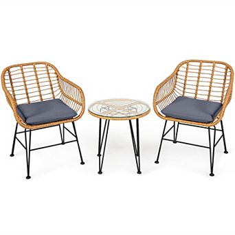Costway 3 pc Patio Rattan Bistro Furniture Set Cushioned Chair Table