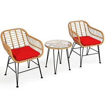 Costway 3 pc Patio Rattan Bistro Furniture Set Cushioned Chair Table