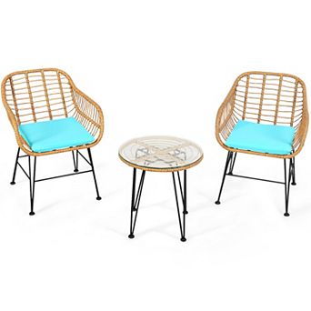 Costway 3 pc Patio Rattan Bistro Furniture Set Cushioned Chair Table