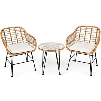 Costway 3 pc Patio Rattan Bistro Furniture Set Cushioned Chair Table